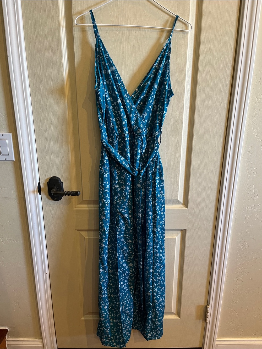 Womens Large Shein Blue/teal floral double v neck dress